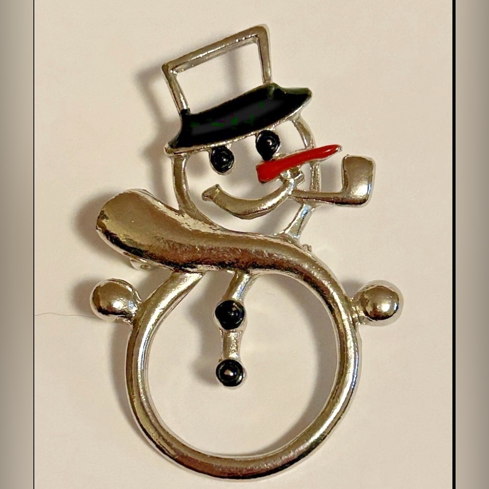 Silvertone and Enamel Snowman Pin Brooch Frosty the Snowman 2” Christmas